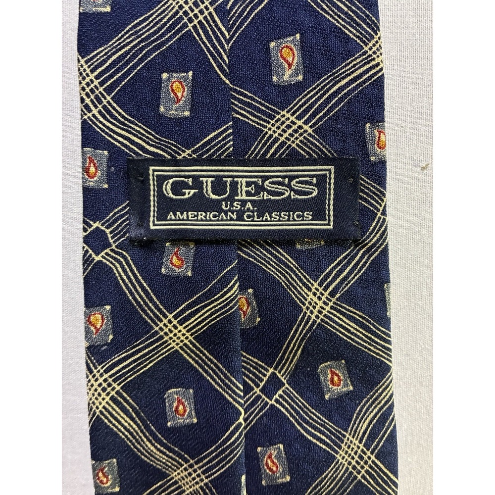 Guess USA American Classics Blue Abstract Geometric Print Short Wide Silk Tie